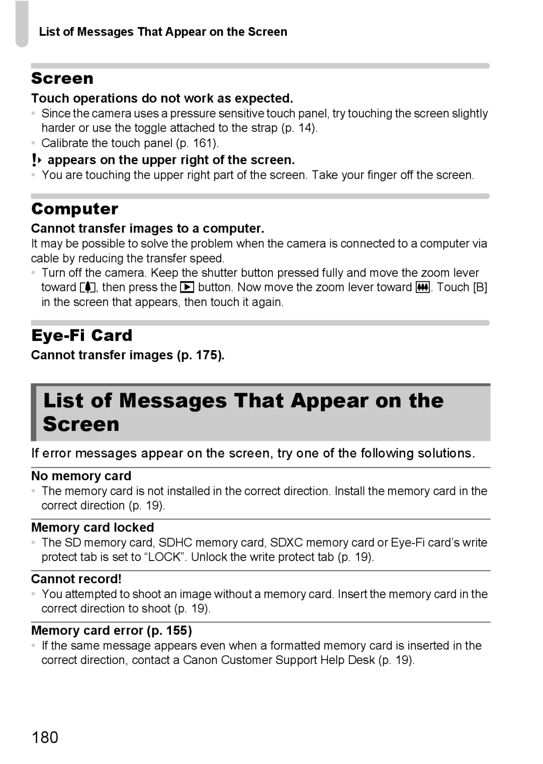 Canon 1100HS manual List of Messages That Appear on the Screen, Computer, Eye-Fi Card, 180 