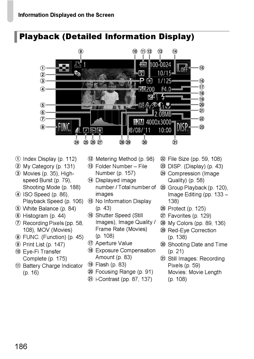 Canon 1100HS manual Playback Detailed Information Display, 186 