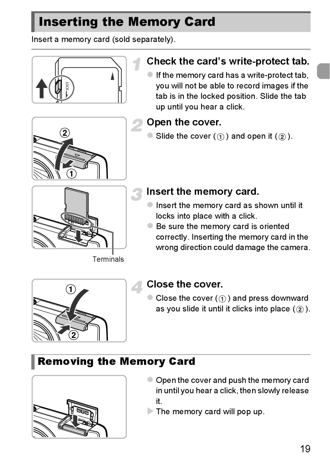 Canon 1100HS manual Inserting the Memory Card, Removing the Memory Card, Check the card’s write-protect tab 