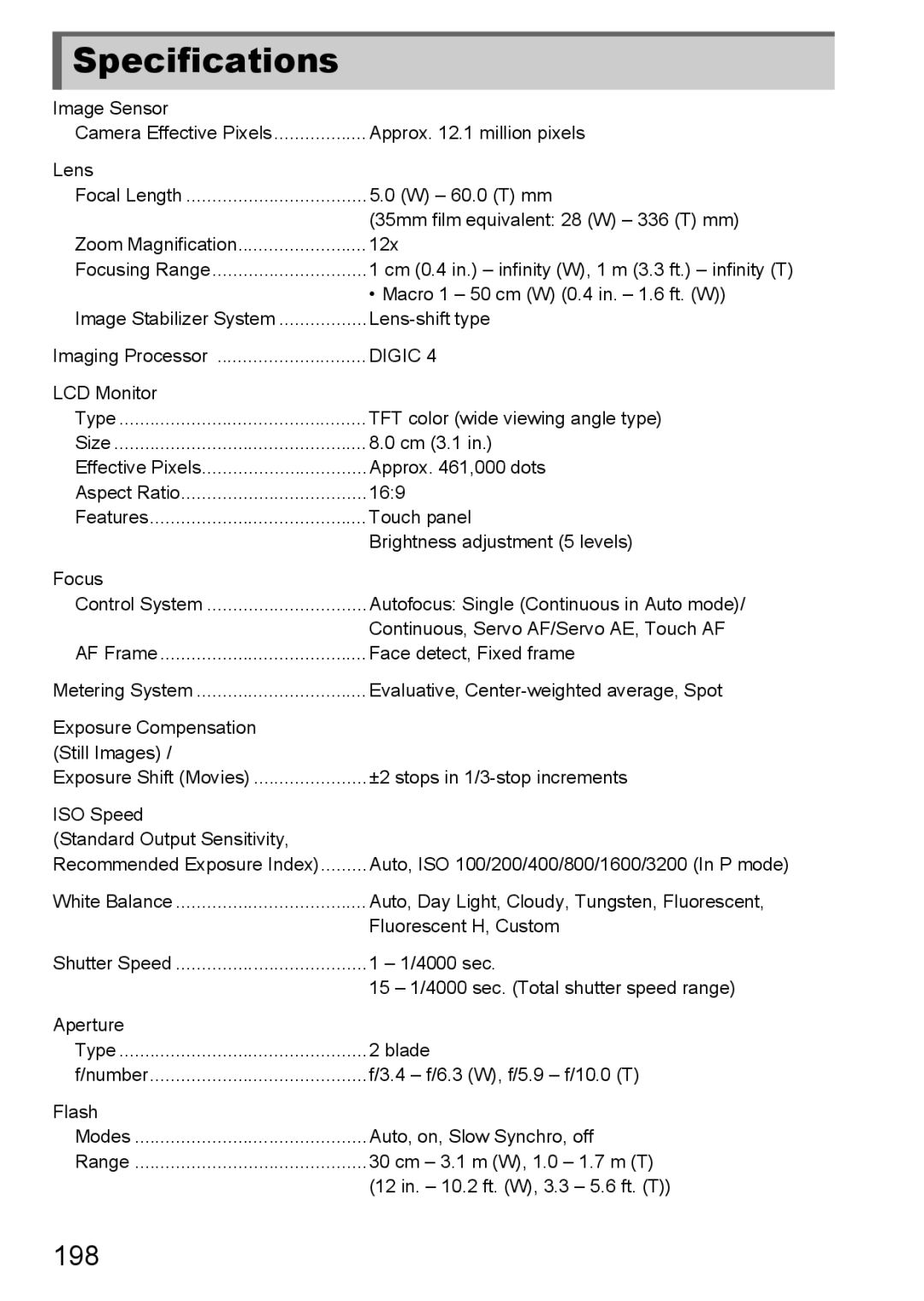 Canon 1100HS manual Specifications, 198 