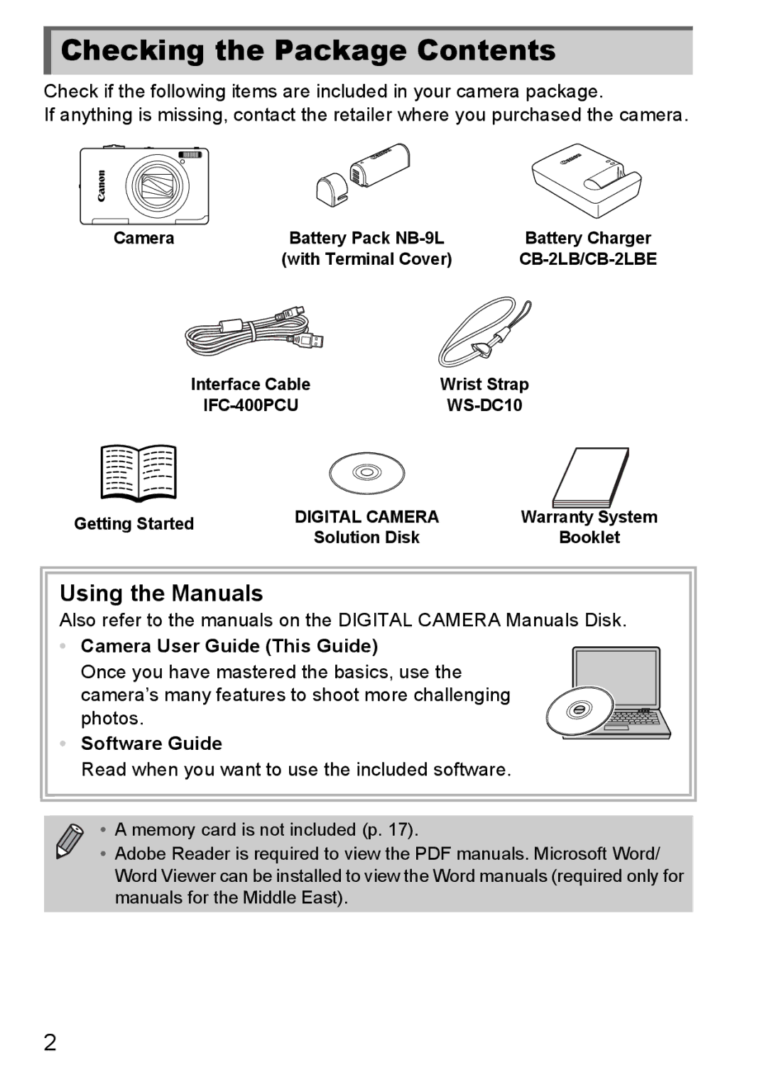 Canon 1100HS manual Checking the Package Contents 