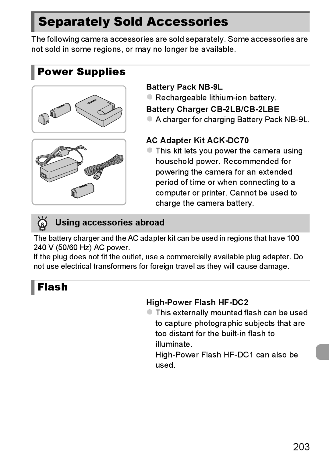 Canon 1100HS manual Separately Sold Accessories, Power Supplies, Flash, 203, Using accessories abroad 