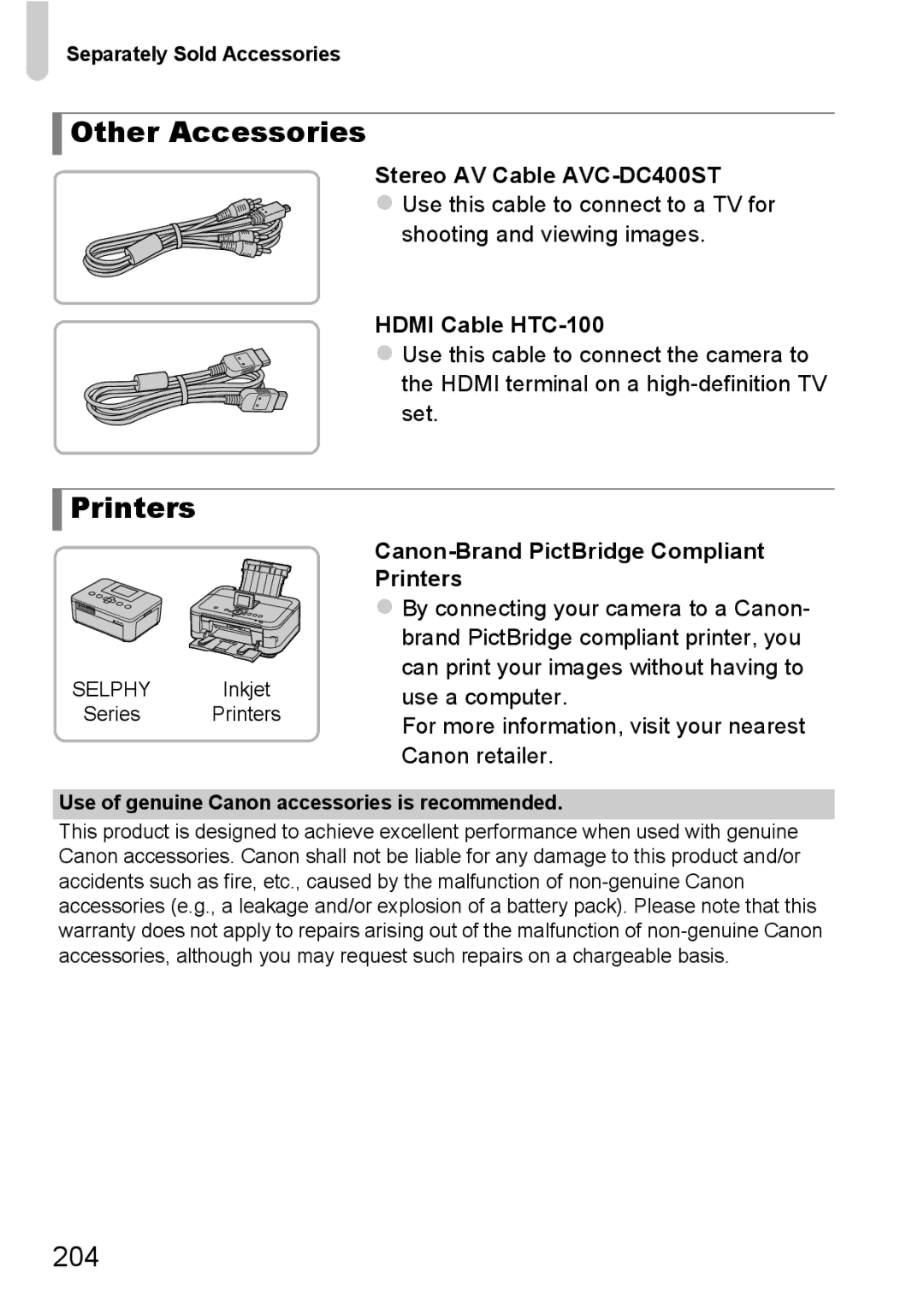 Canon 1100HS manual Other Accessories, Printers, 204, Separately Sold Accessories 