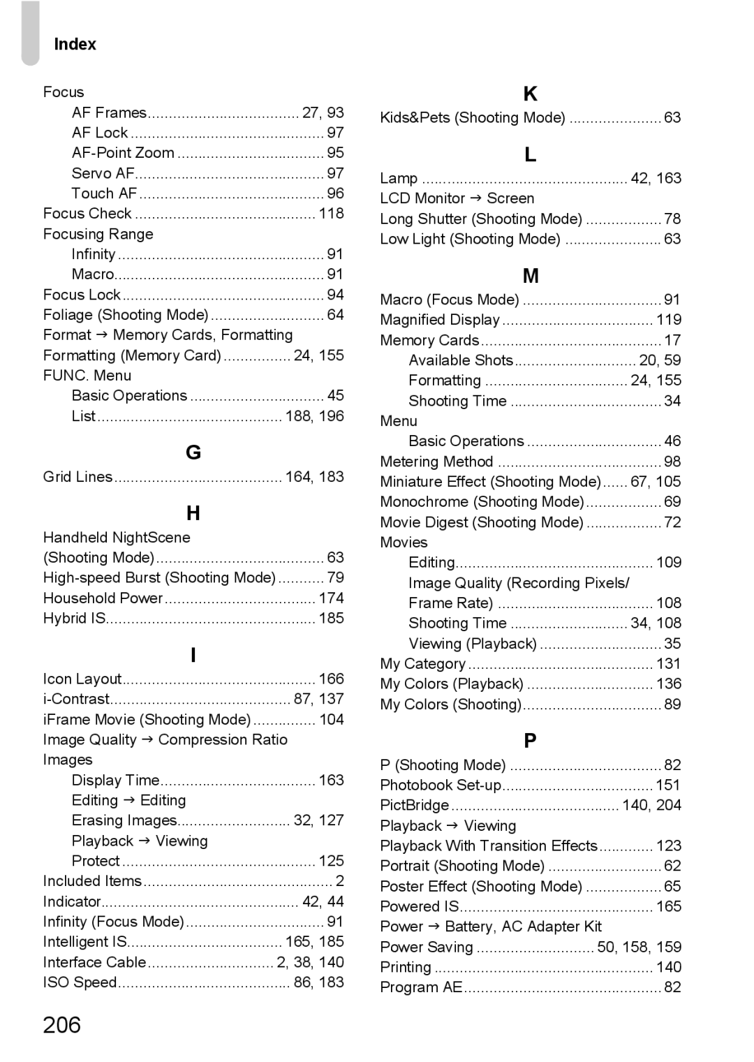 Canon 1100HS manual 206, Index 