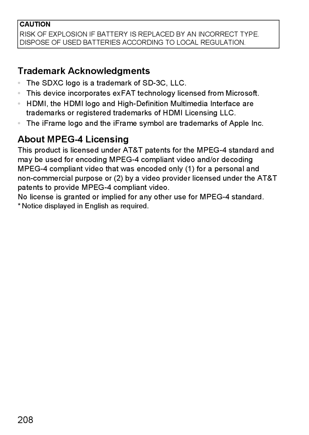 Canon 1100HS manual Trademark Acknowledgments, About MPEG-4 Licensing, 208 