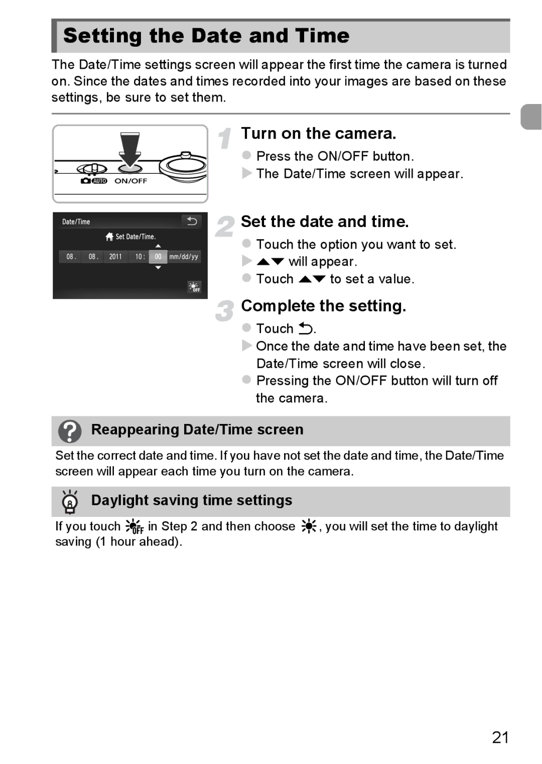 Canon 1100HS manual Setting the Date and Time, Turn on the camera, Set the date and time, Complete the setting 