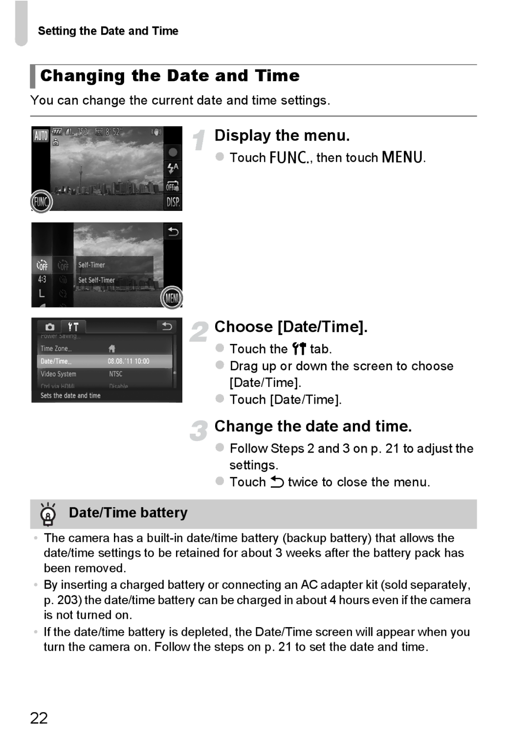 Canon 1100HS Changing the Date and Time, Display the menu, Choose Date/Time, Change the date and time, Date/Time battery 