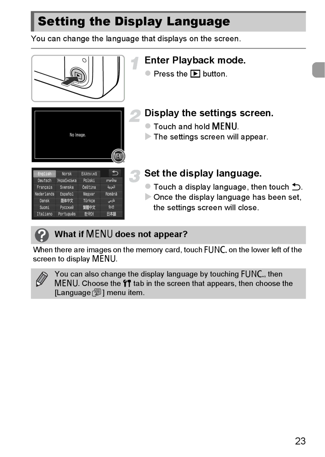 Canon 1100HS Setting the Display Language, Enter Playback mode, Display the settings screen, Set the display language 