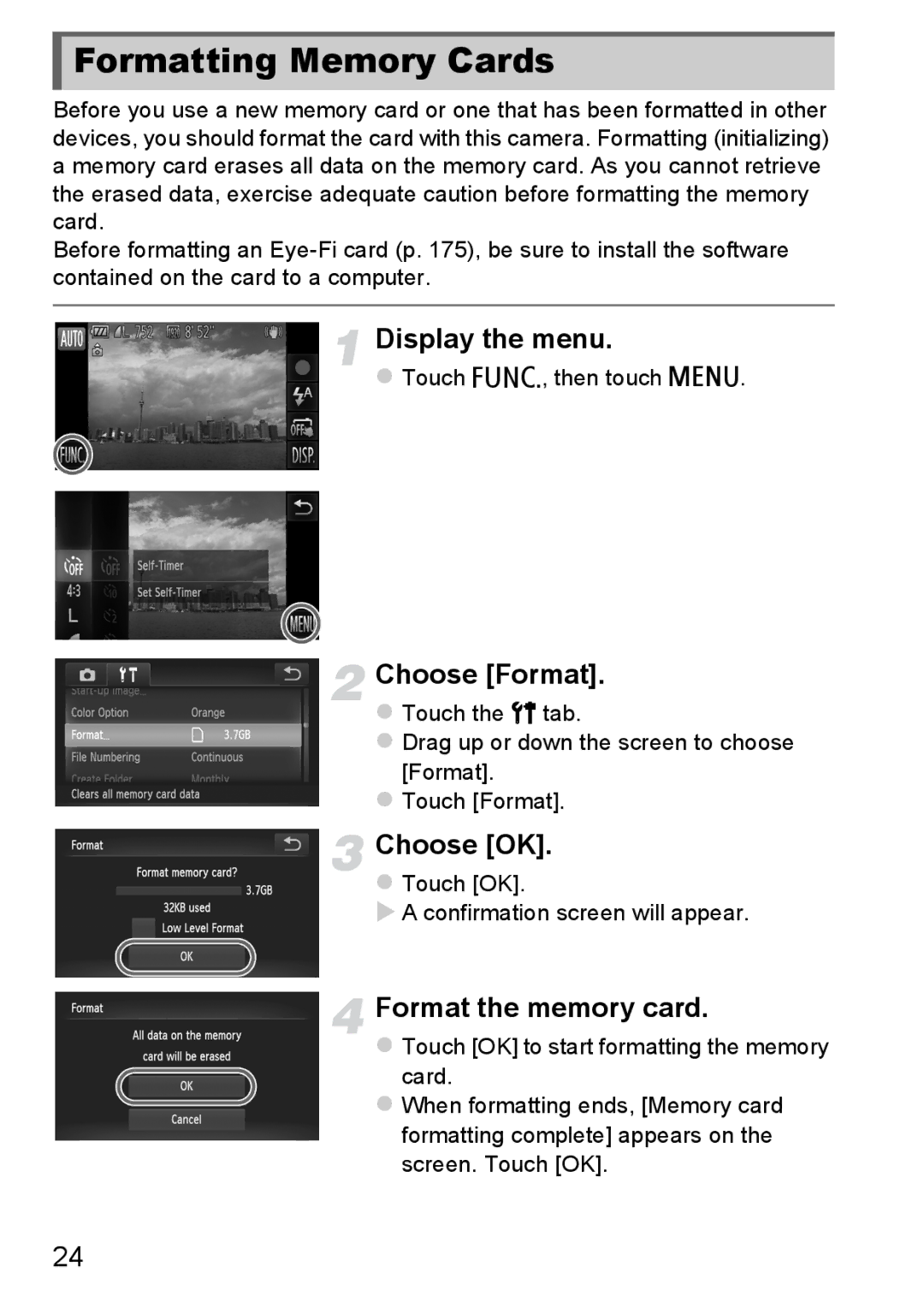 Canon 1100HS manual Formatting Memory Cards, Choose Format, Choose OK, Format the memory card 