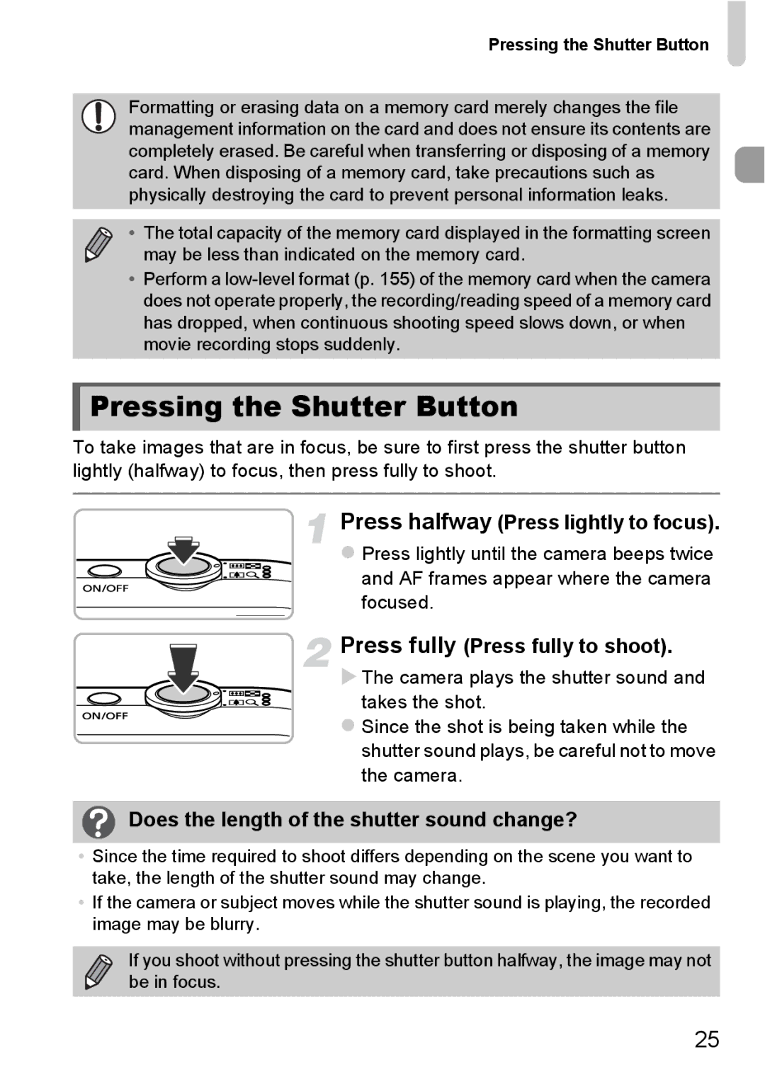 Canon 1100HS manual Pressing the Shutter Button, Press halfway Press lightly to focus, Press fully Press fully to shoot 