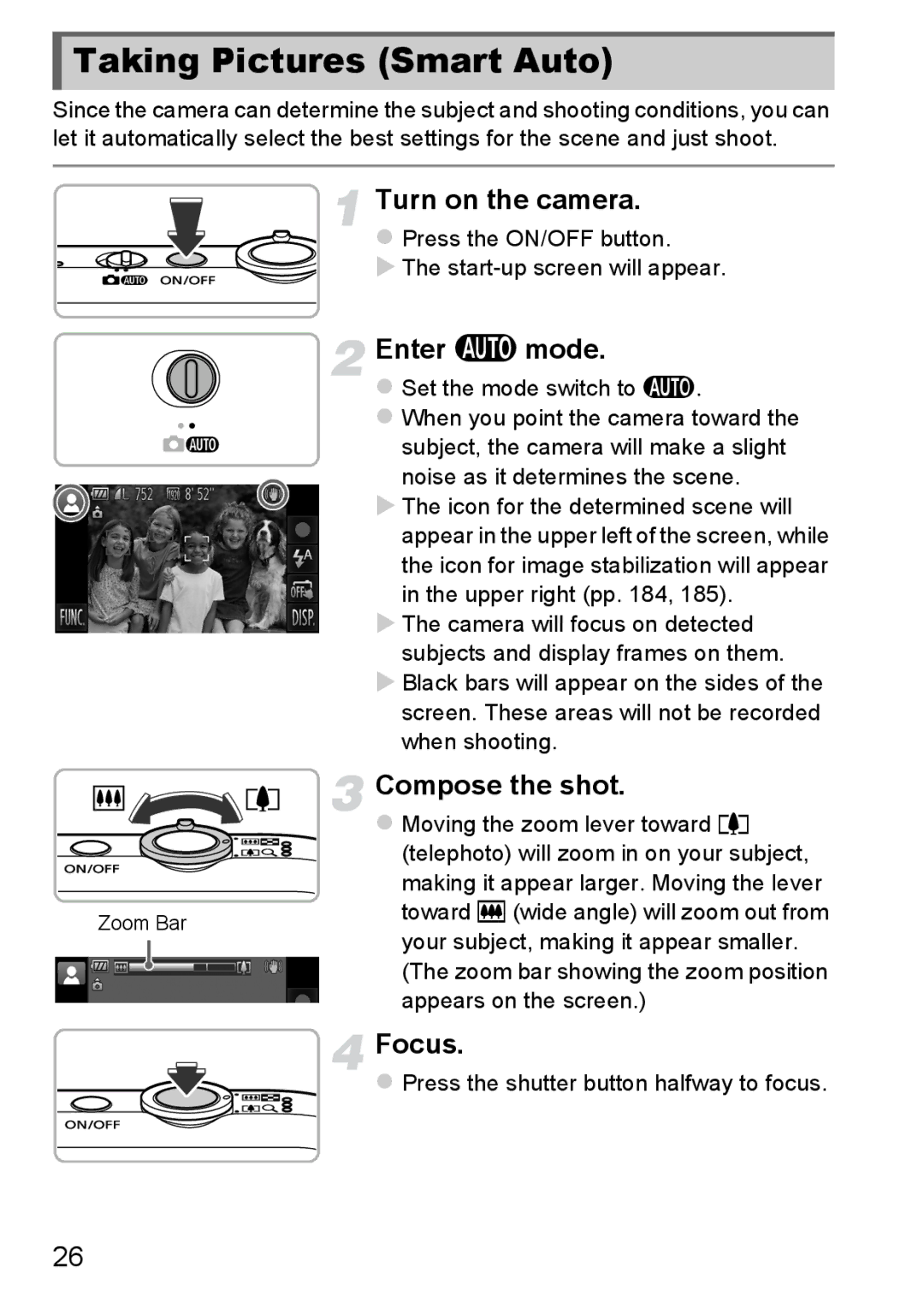 Canon 1100HS manual Taking Pictures Smart Auto, Enter a mode, Compose the shot, Focus 