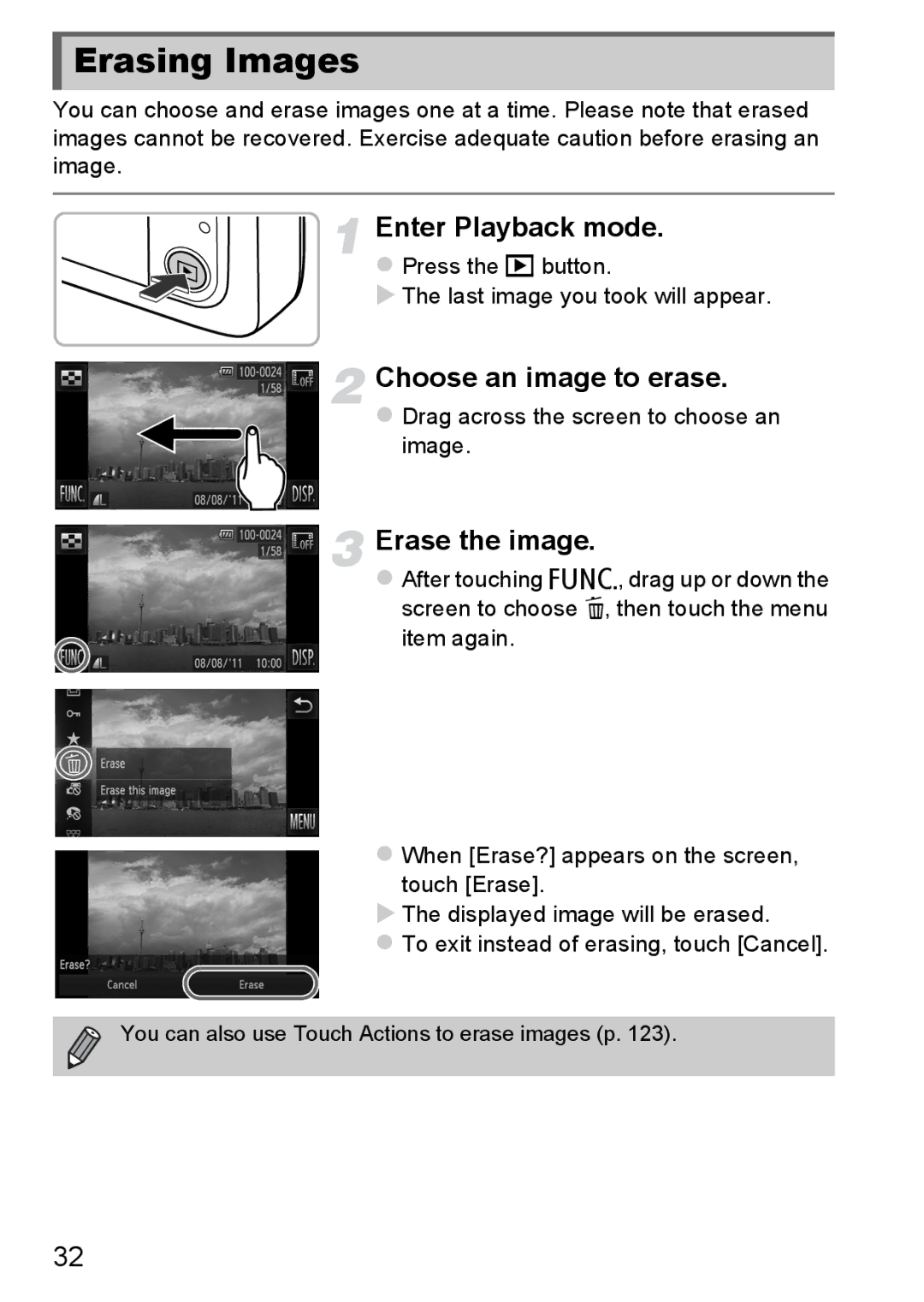 Canon 1100HS manual Erasing Images, Choose an image to erase, Erase the image, Drag across the screen to choose an Image 