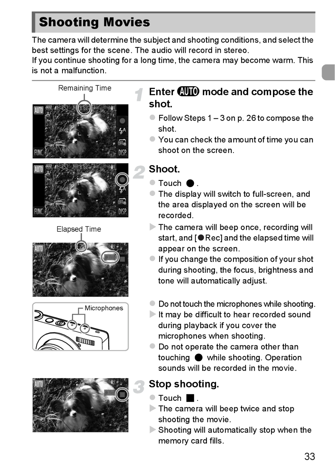 Canon 1100HS manual Shooting Movies, Enter Amode and compose the shot, Stop shooting 