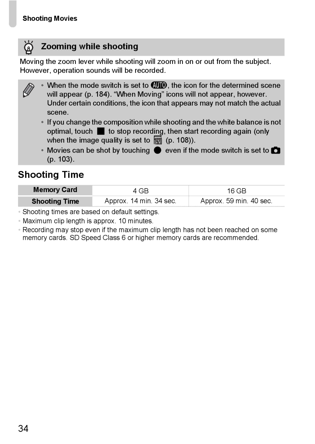 Canon 1100HS manual Shooting Time, Zooming while shooting, Shooting Movies 