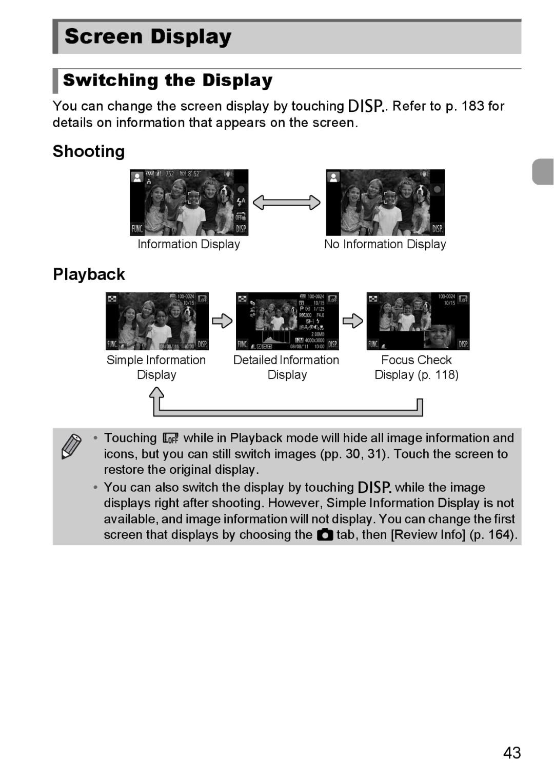 Canon 1100HS manual Screen Display, Switching the Display, Shooting, Playback 