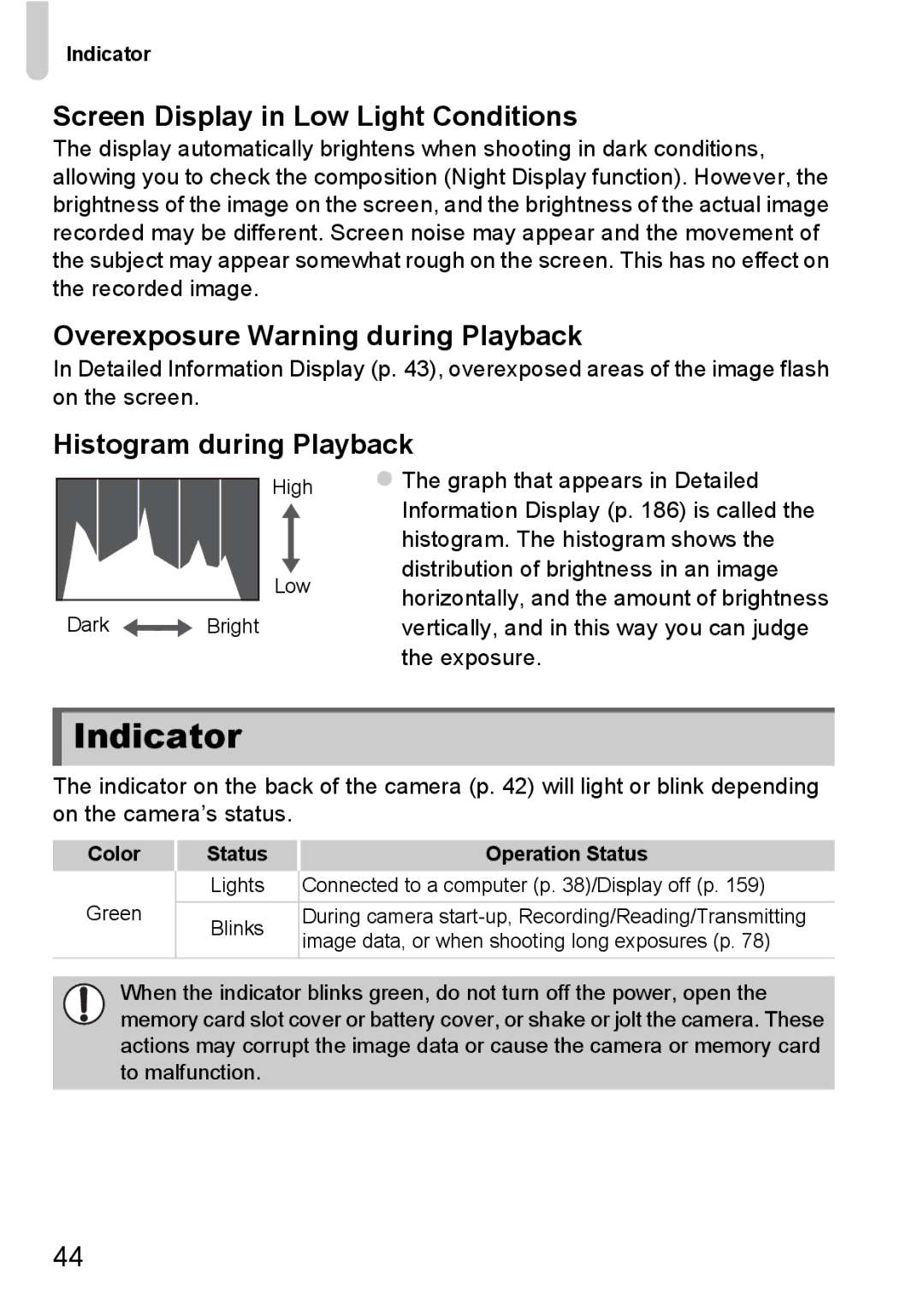 Canon 1100HS manual Indicator, Screen Display in Low Light Conditions, Overexposure Warning during Playback 