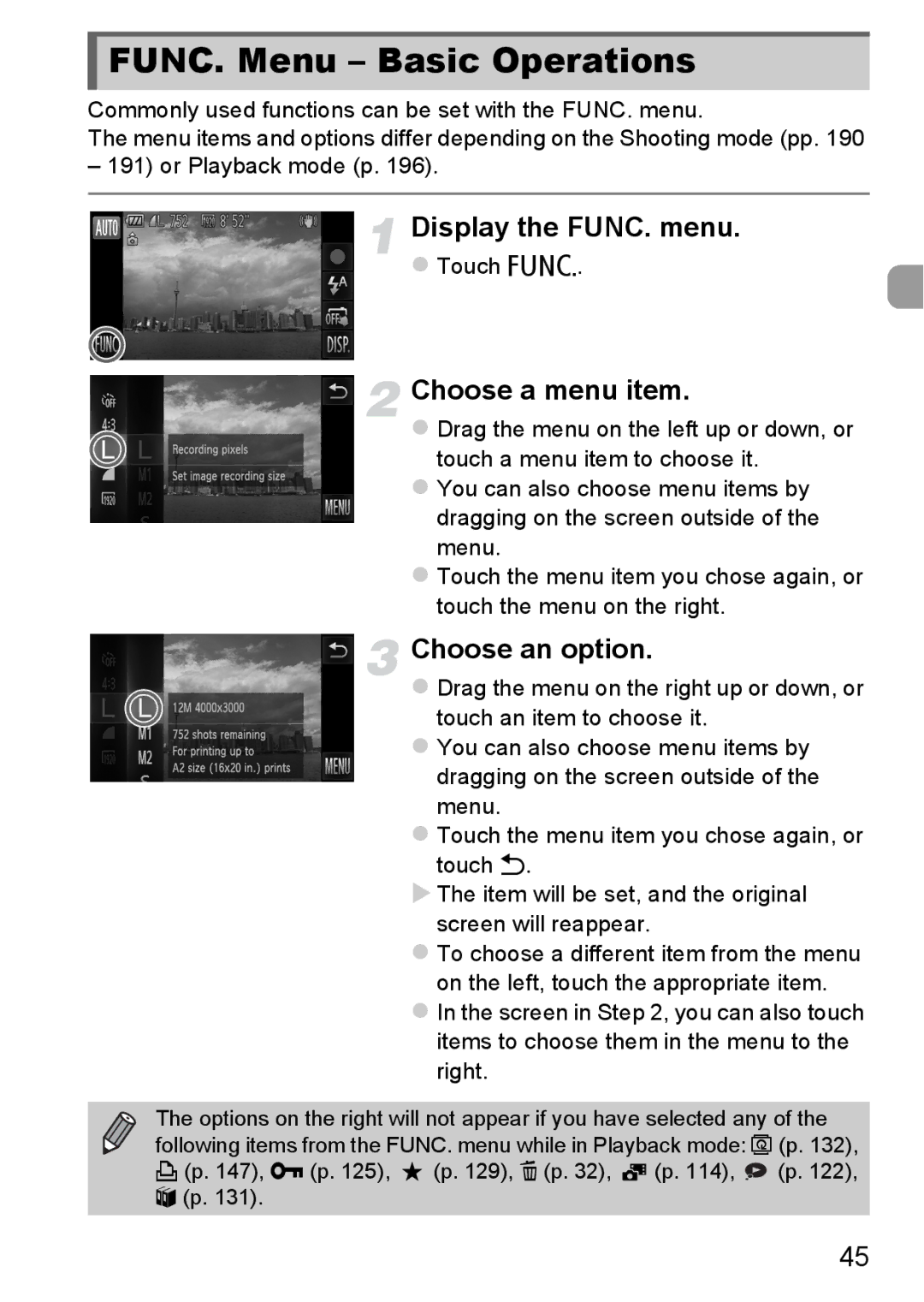 Canon 1100HS manual FUNC. Menu Basic Operations, Display the FUNC. menu, Choose a menu item, Choose an option 