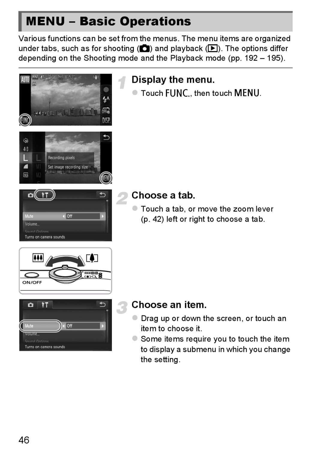 Canon 1100HS manual Menu Basic Operations, Choose a tab, Choose an item 