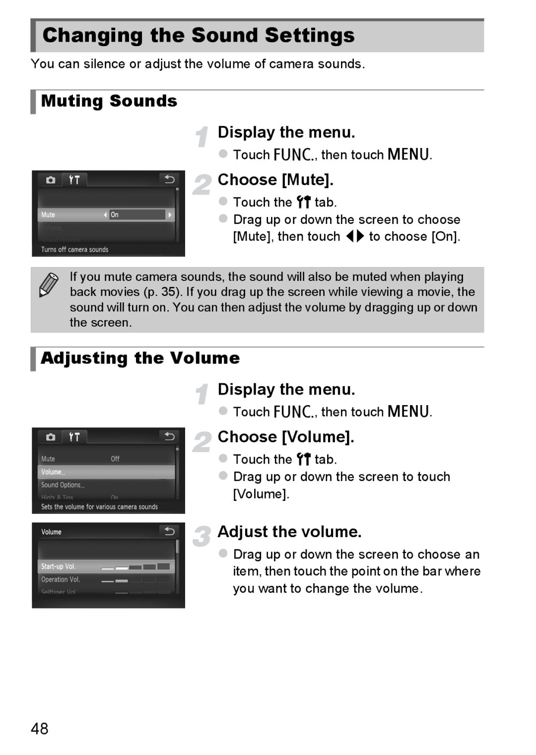 Canon 1100HS manual Changing the Sound Settings, Muting Sounds, Adjusting the Volume 