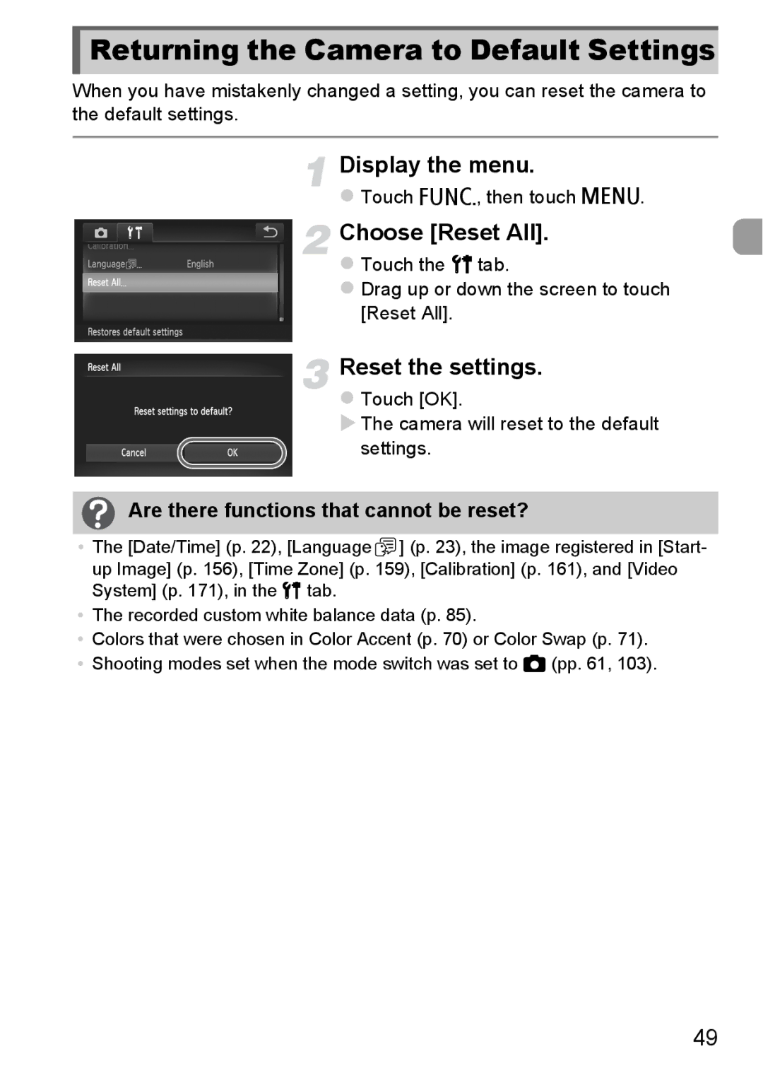 Canon 1100HS manual Returning the Camera to Default Settings, Choose Reset All, Reset the settings 