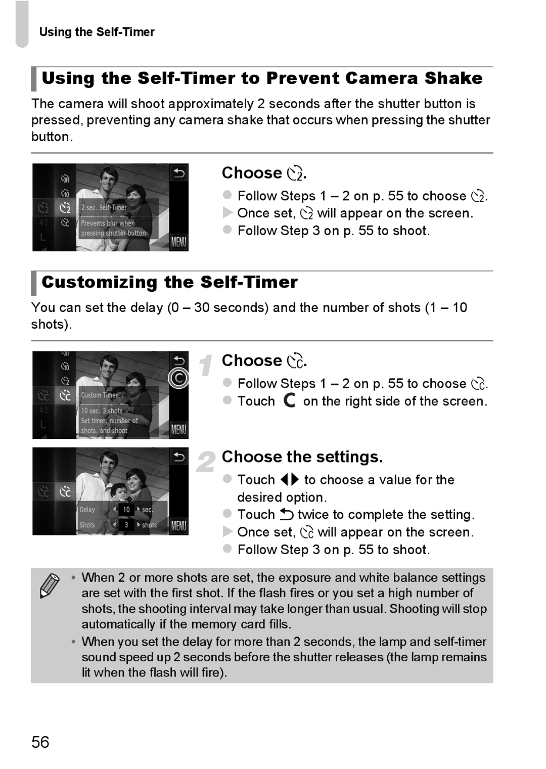 Canon 1100HS manual Using the Self-Timer to Prevent Camera Shake, Customizing the Self-Timer, Choose $, Choose the settings 