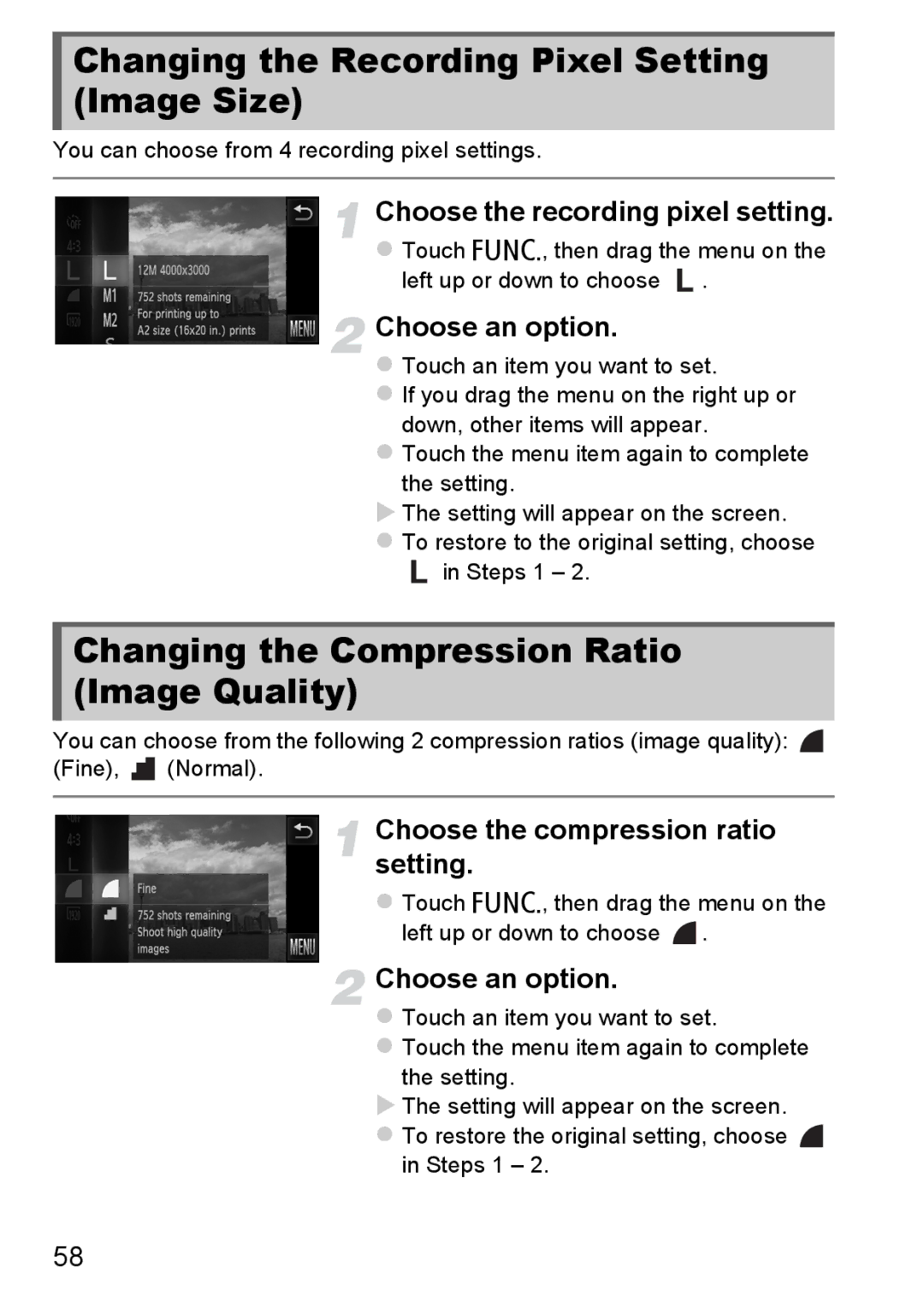 Canon 1100HS manual Changing the Recording Pixel Setting Image Size, Changing the Compression Ratio Image Quality 