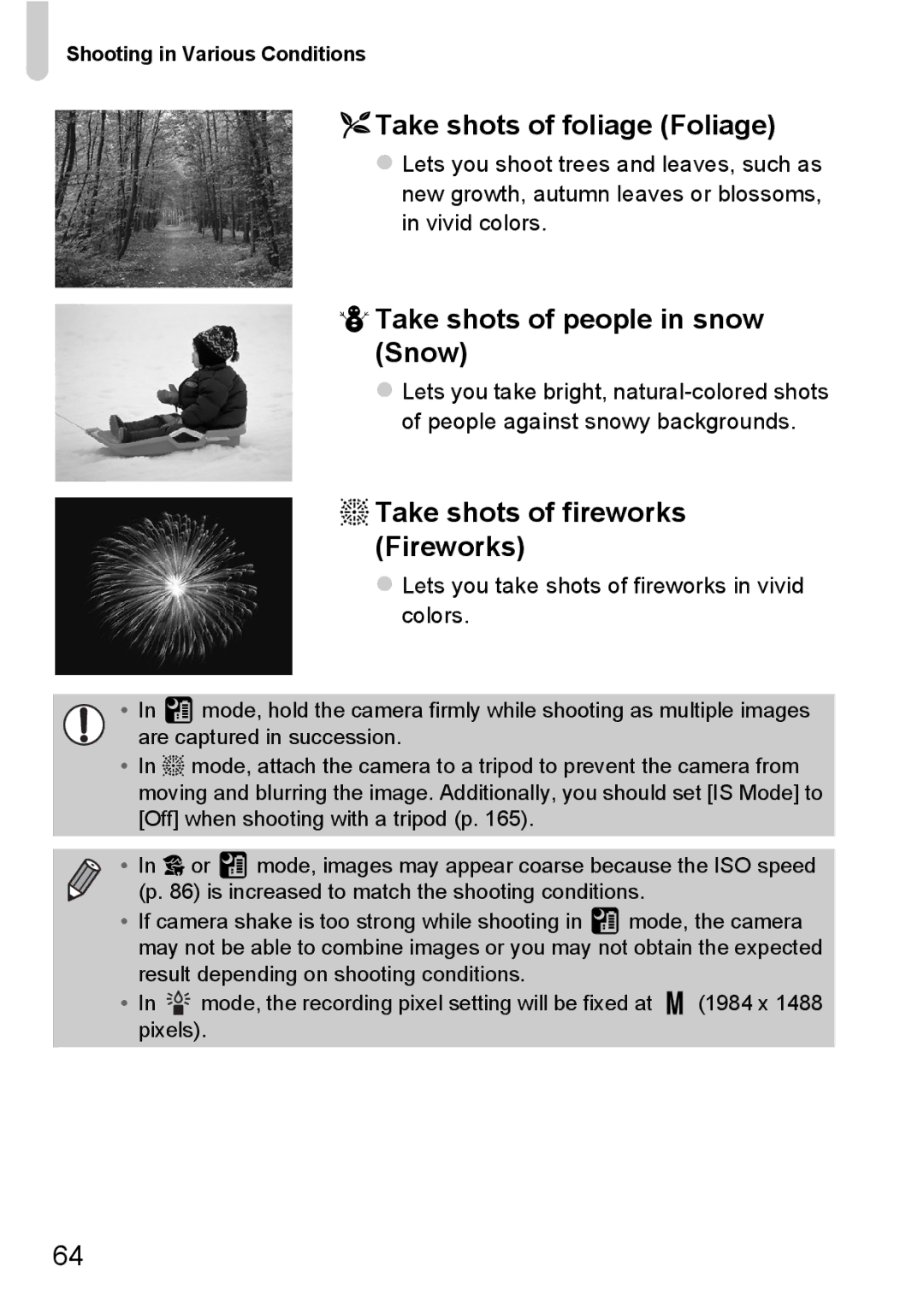 Canon 1100HS manual OTake shots of foliage Foliage, PTake shots of people in snow Snow, TTake shots of fireworks Fireworks 