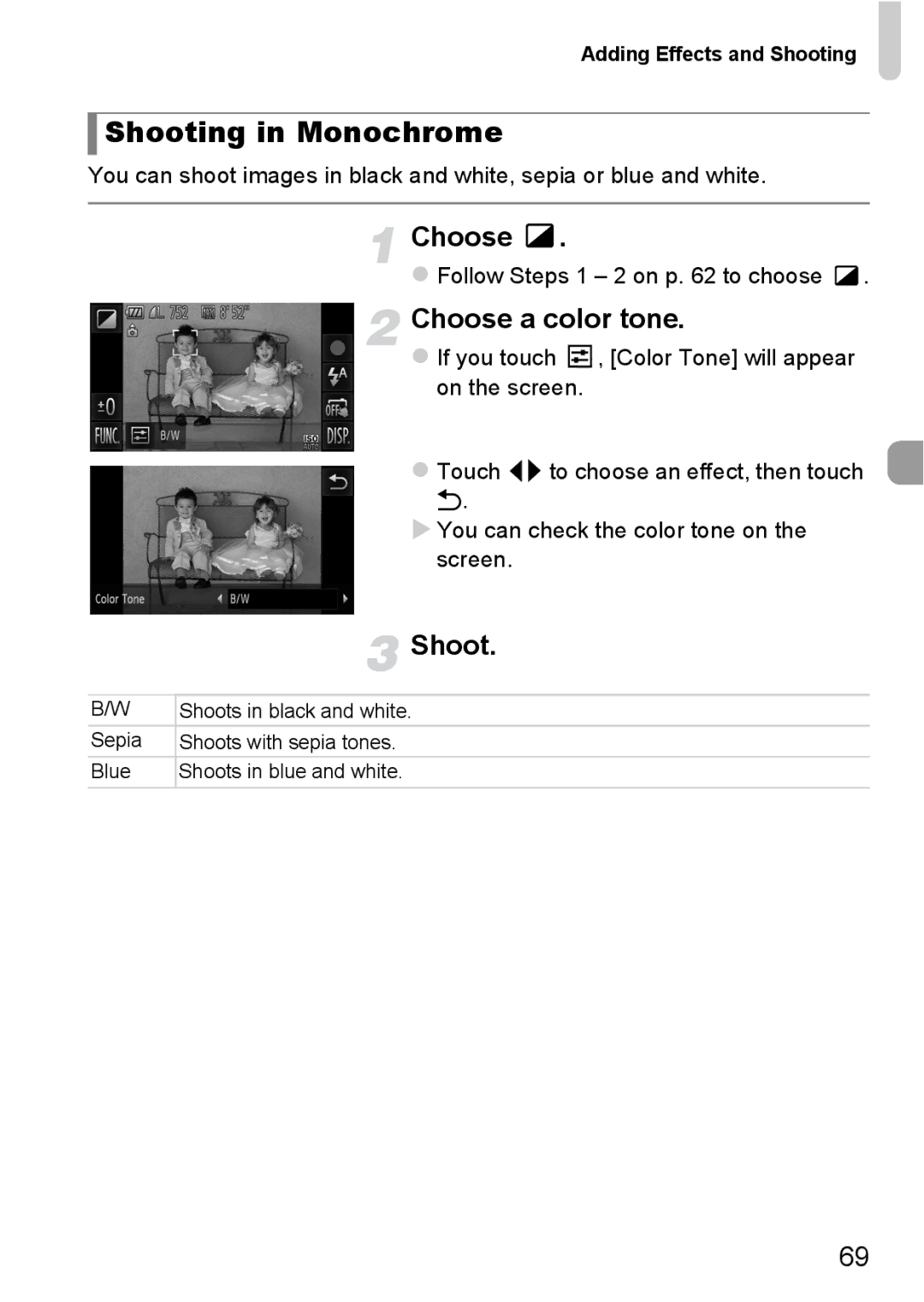 Canon 1100HS manual Shooting in Monochrome 