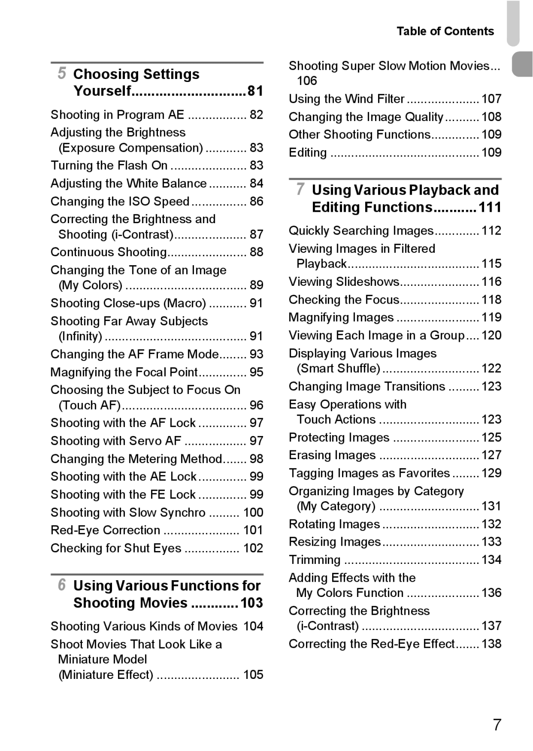 Canon 1100HS manual Choosing Settings Yourself, Using Various Functions for, 103, Using Various Playback, 111 