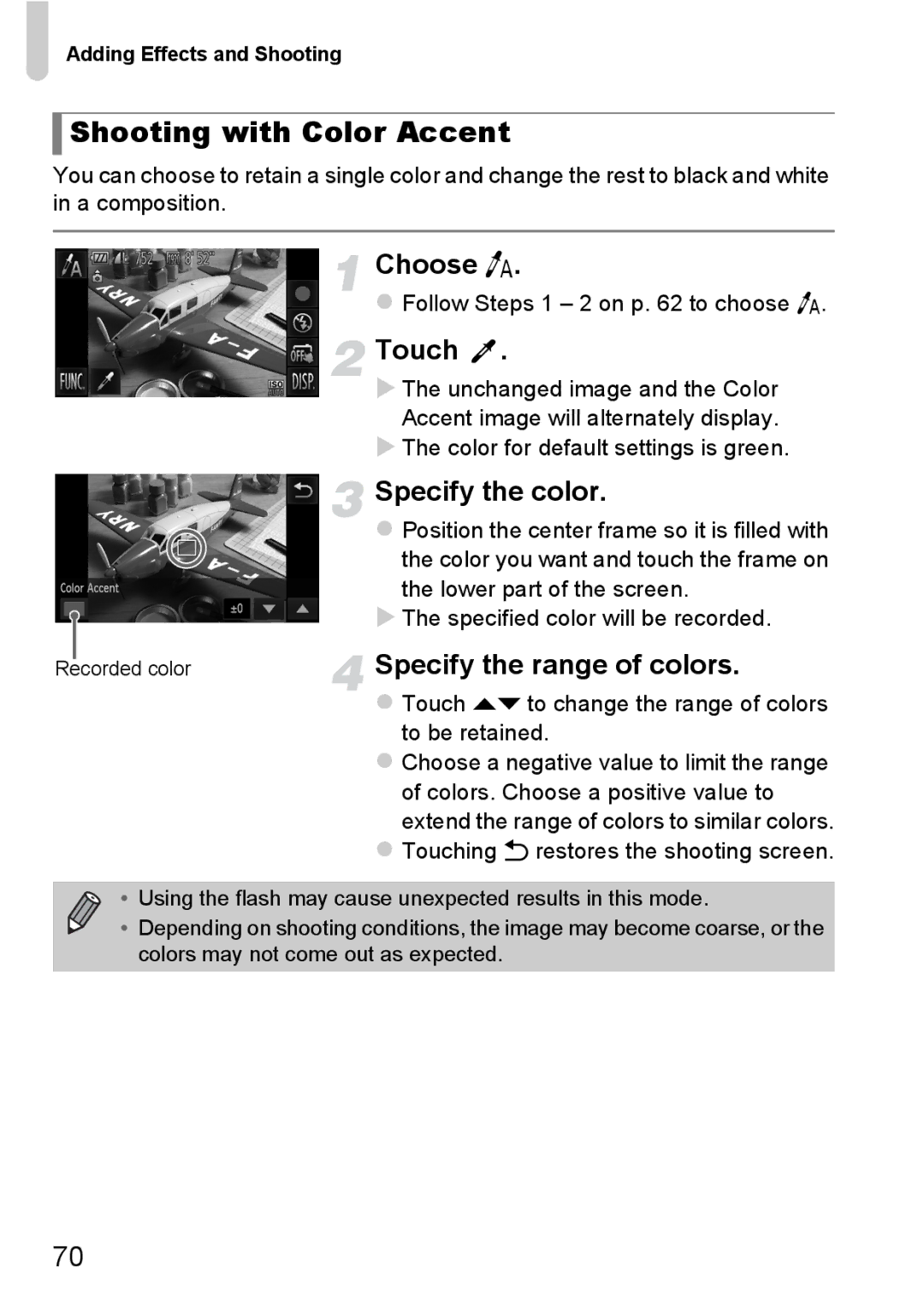 Canon 1100HS manual Shooting with Color Accent, Choose T, Touch, Specify the color, Specify the range of colors 