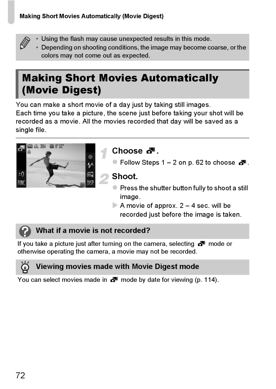 Canon 1100HS manual Making Short Movies Automatically Movie Digest, What if a movie is not recorded? 