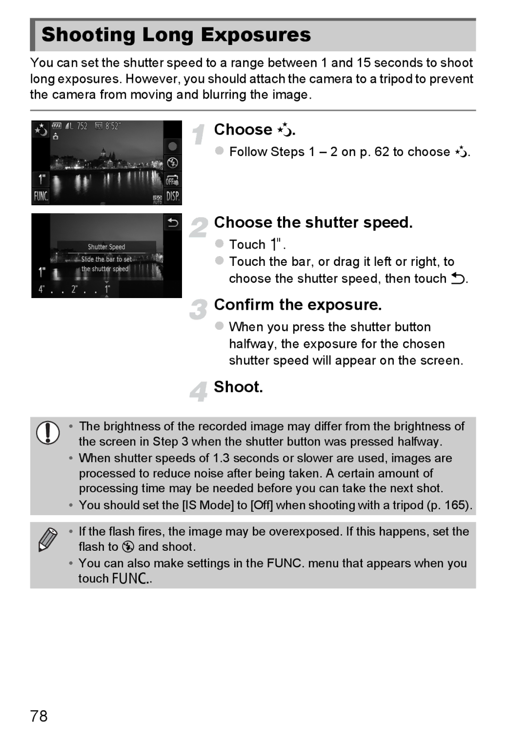 Canon 1100HS manual Shooting Long Exposures, Choose N, Choose the shutter speed, Confirm the exposure 