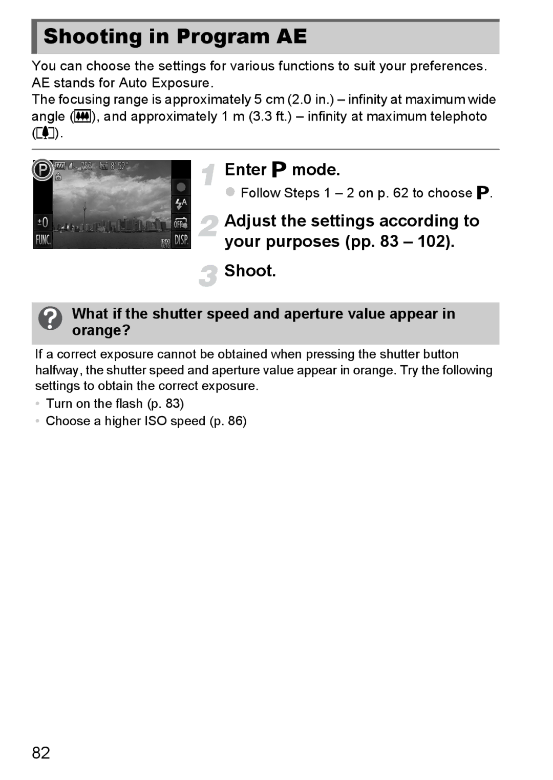 Canon 1100HS manual Shooting in Program AE, Enter G mode, Adjust the settings according to your purposes pp Shoot 