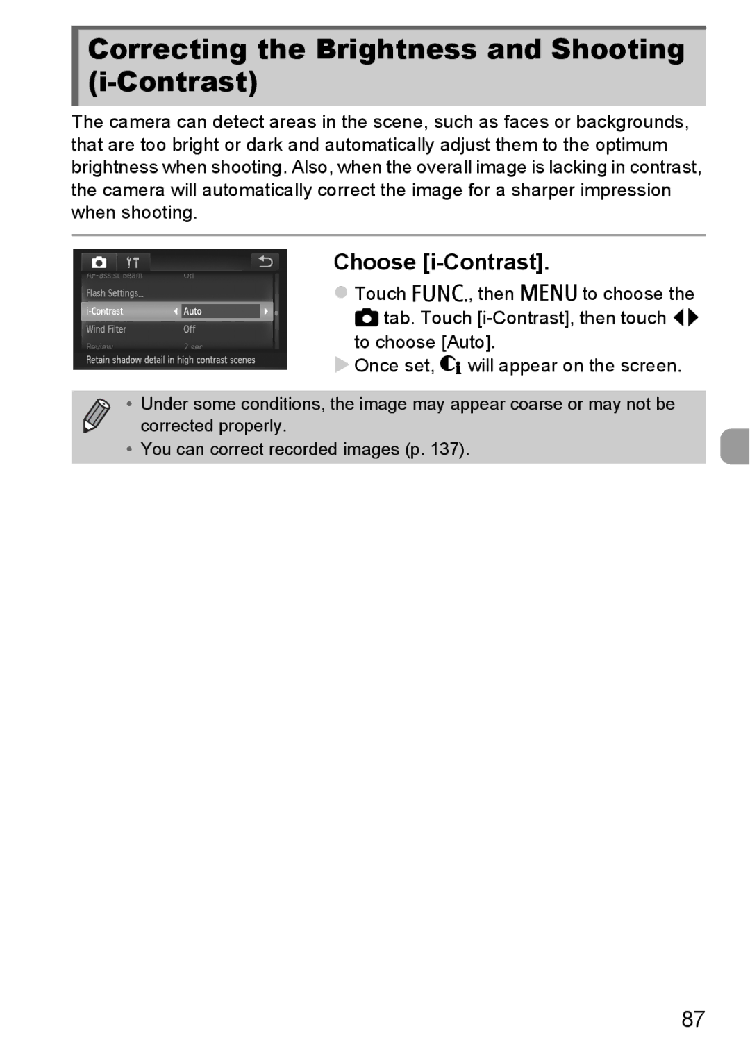 Canon 1100HS manual Correcting the Brightness and Shooting i-Contrast, Choose i-Contrast 