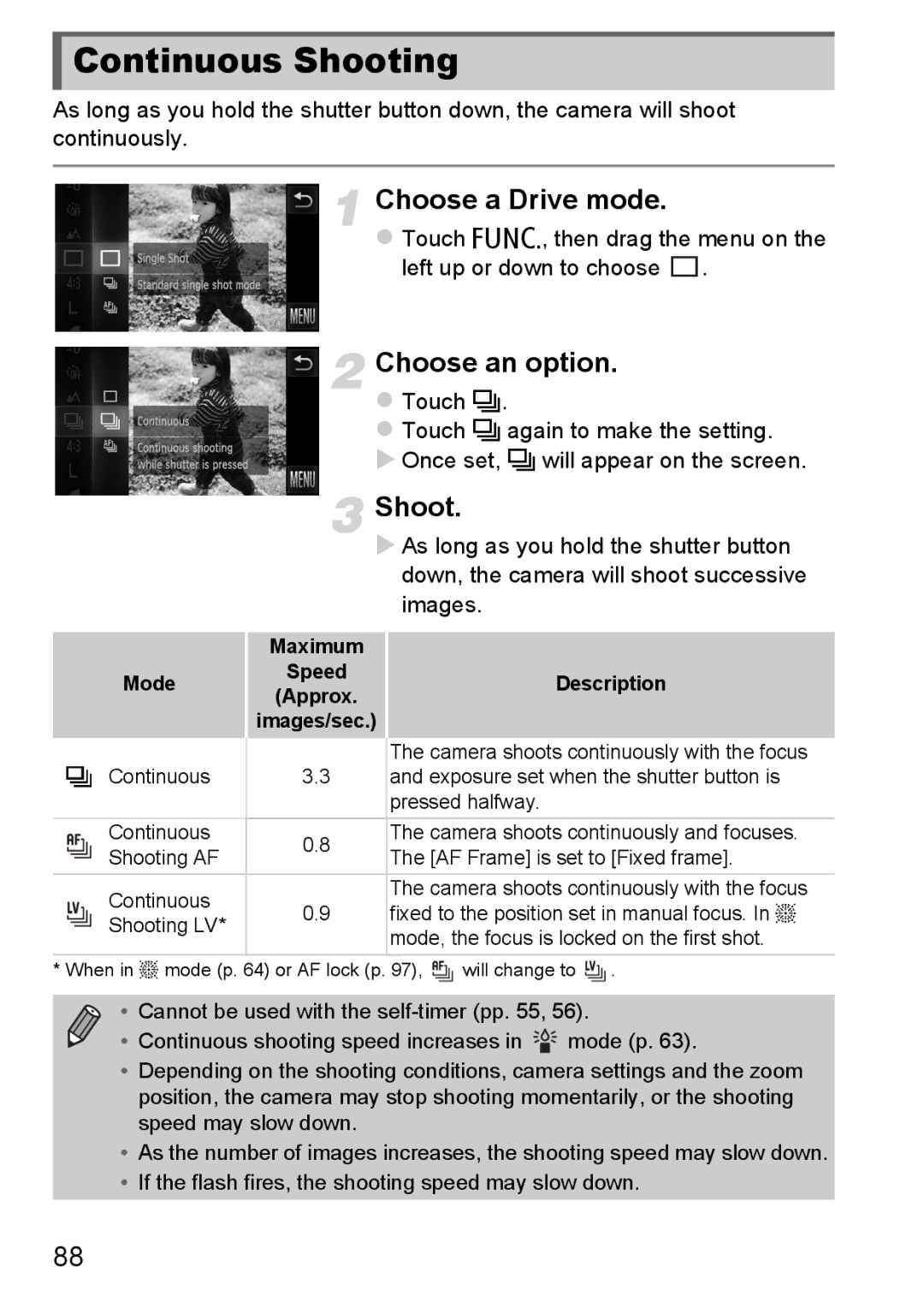 Canon 1100HS manual Continuous Shooting, Choose a Drive mode, Maximum Mode Speed Description Approx 