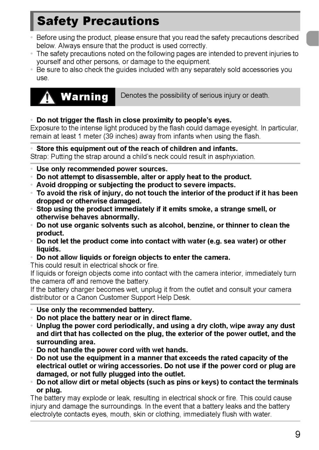 Canon 1100HS manual Safety Precautions, Do not trigger the flash in close proximity to people’s eyes 