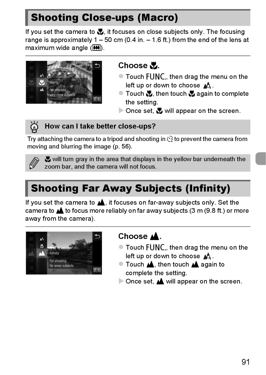 Canon 1100HS manual Shooting Close-ups Macro, Shooting Far Away Subjects Infinity, Choose e, Choose u 