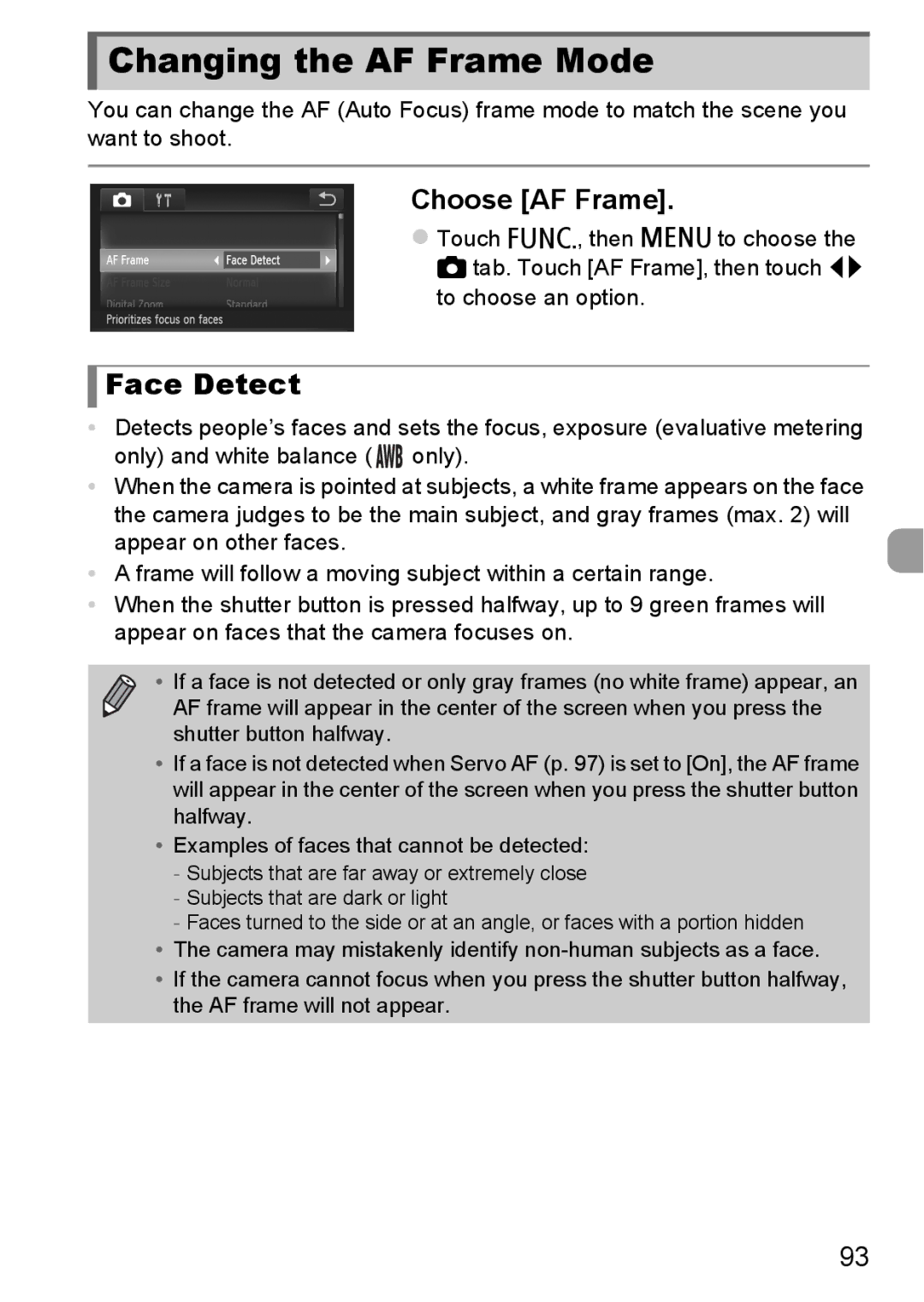 Canon 1100HS manual Changing the AF Frame Mode, Face Detect, Choose AF Frame 