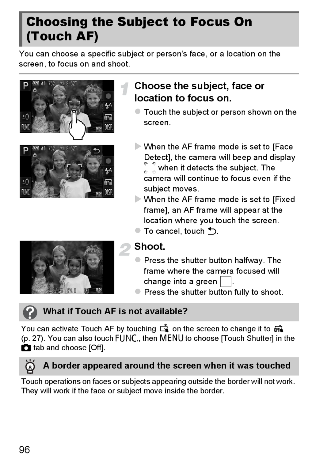 Canon 1100HS manual Choosing the Subject to Focus On Touch AF, Choose the subject, face or location to focus on 