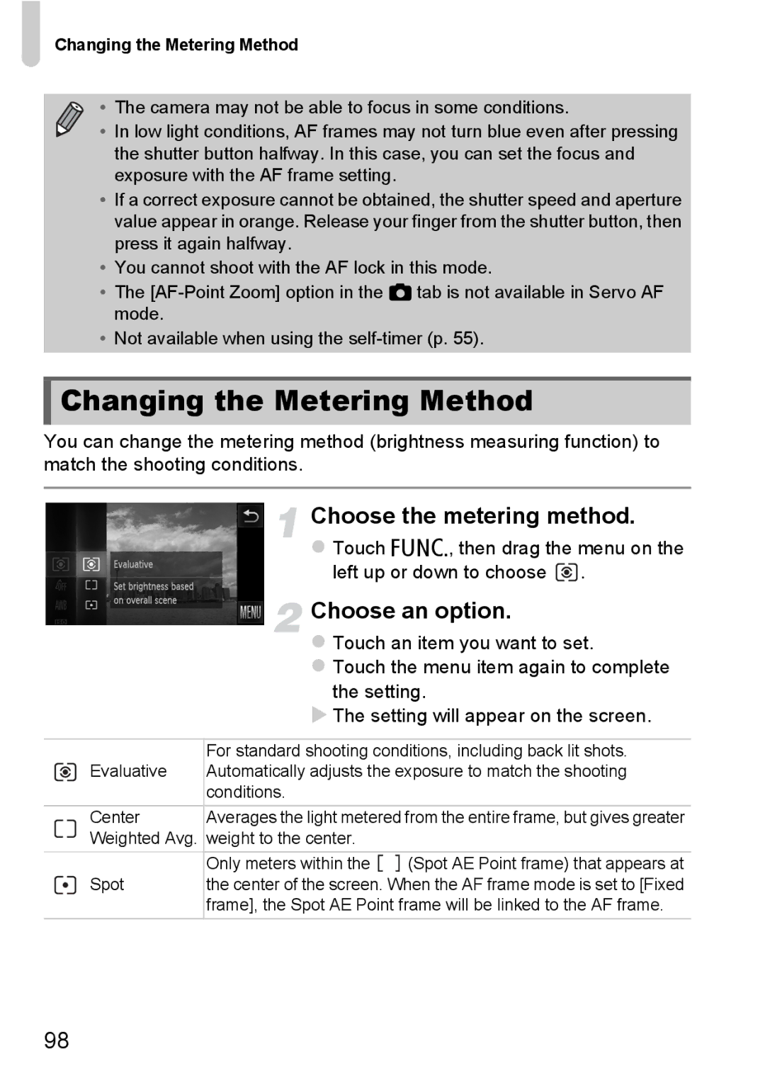 Canon 1100HS manual Changing the Metering Method, Choose the metering method 