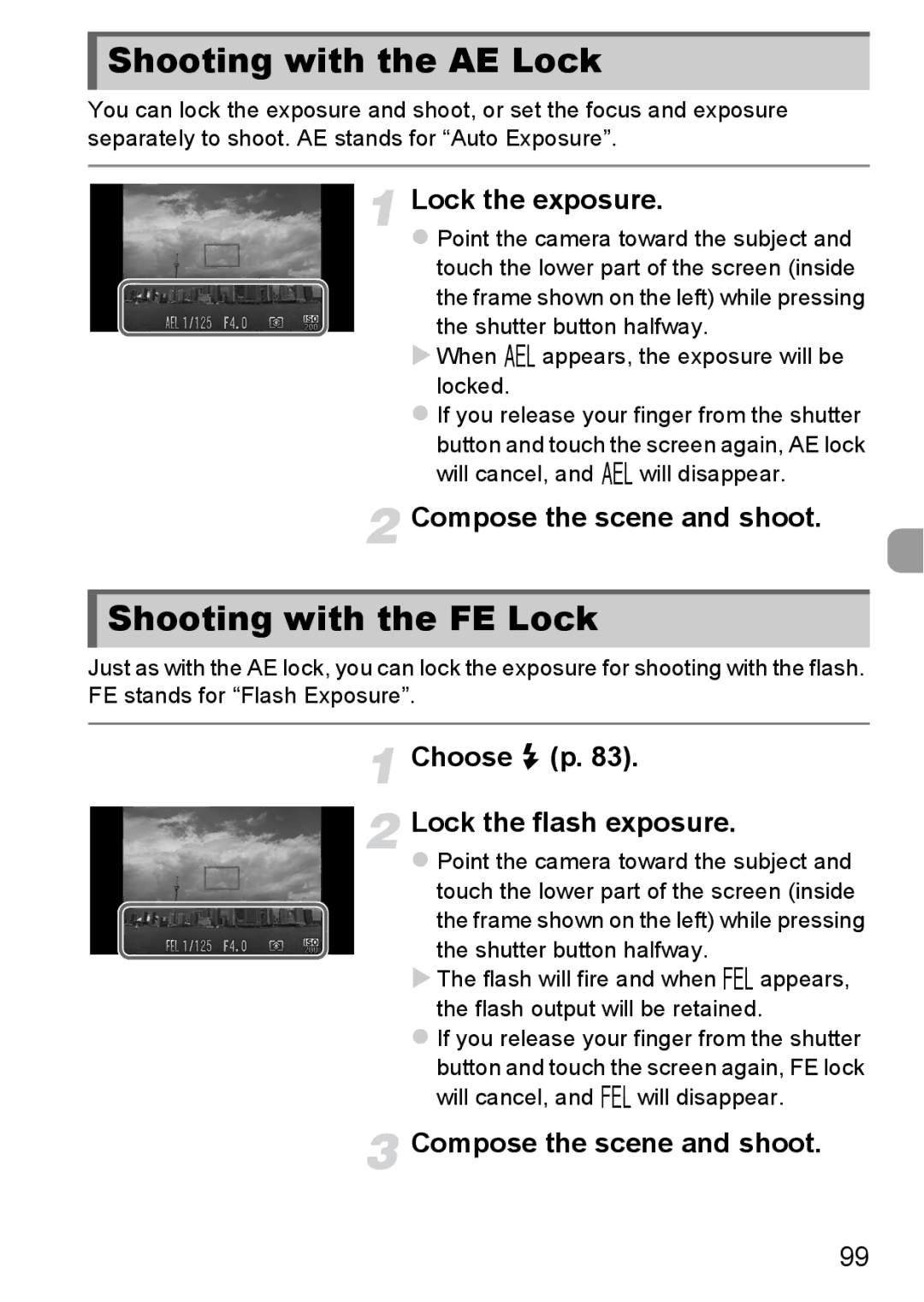 Canon 1100HS Shooting with the AE Lock, Shooting with the FE Lock, Lock the exposure, Choose h p Lock the flash exposure 