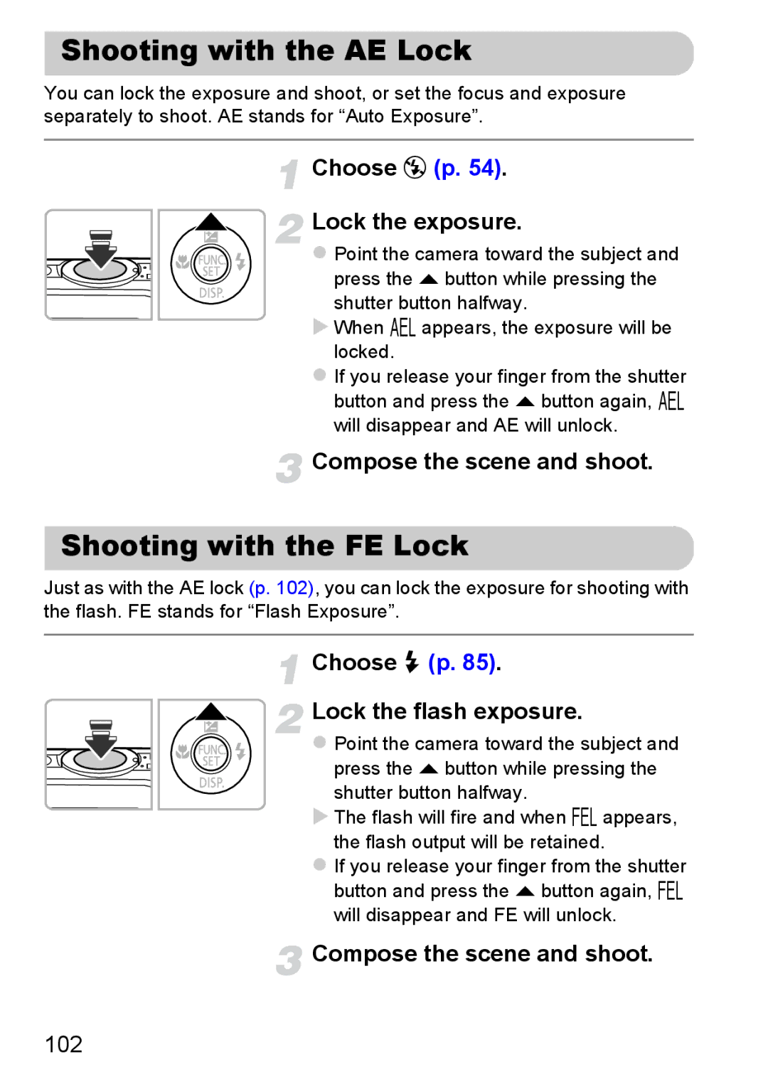 Canon 117 HS, 115 HS manual Shooting with the AE Lock, Shooting with the FE Lock, Choose ! p Lock the exposure, 102 