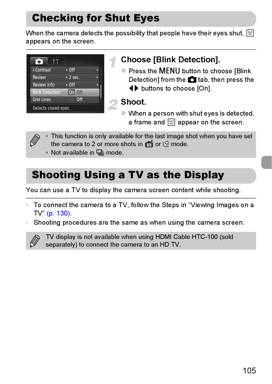 Canon 115 HS, 117 HS manual Checking for Shut Eyes, Shooting Using a TV as the Display, Choose Blink Detection, 105 