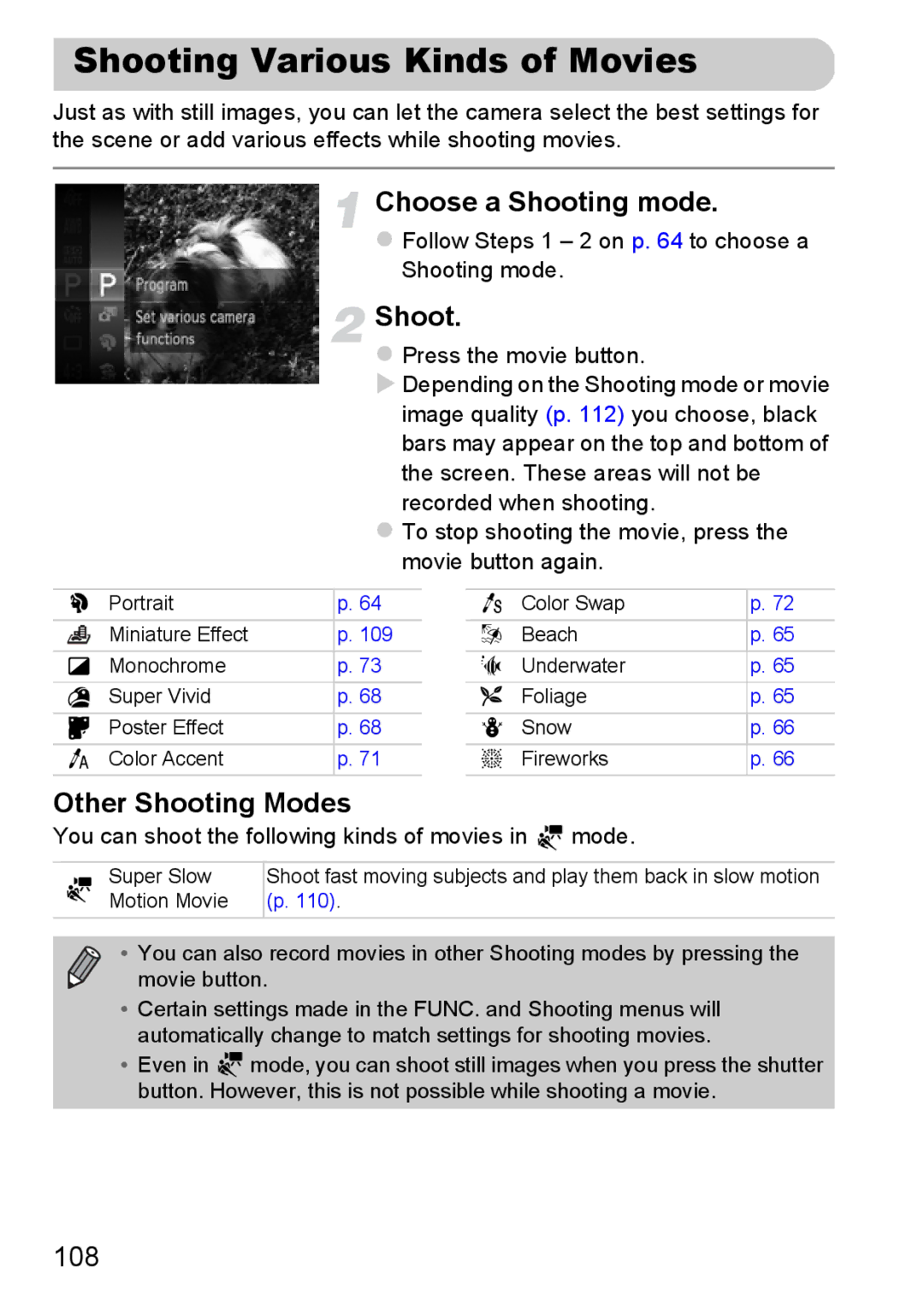 Canon 117 HS, 115 HS manual Shooting Various Kinds of Movies, Other Shooting Modes, 108 