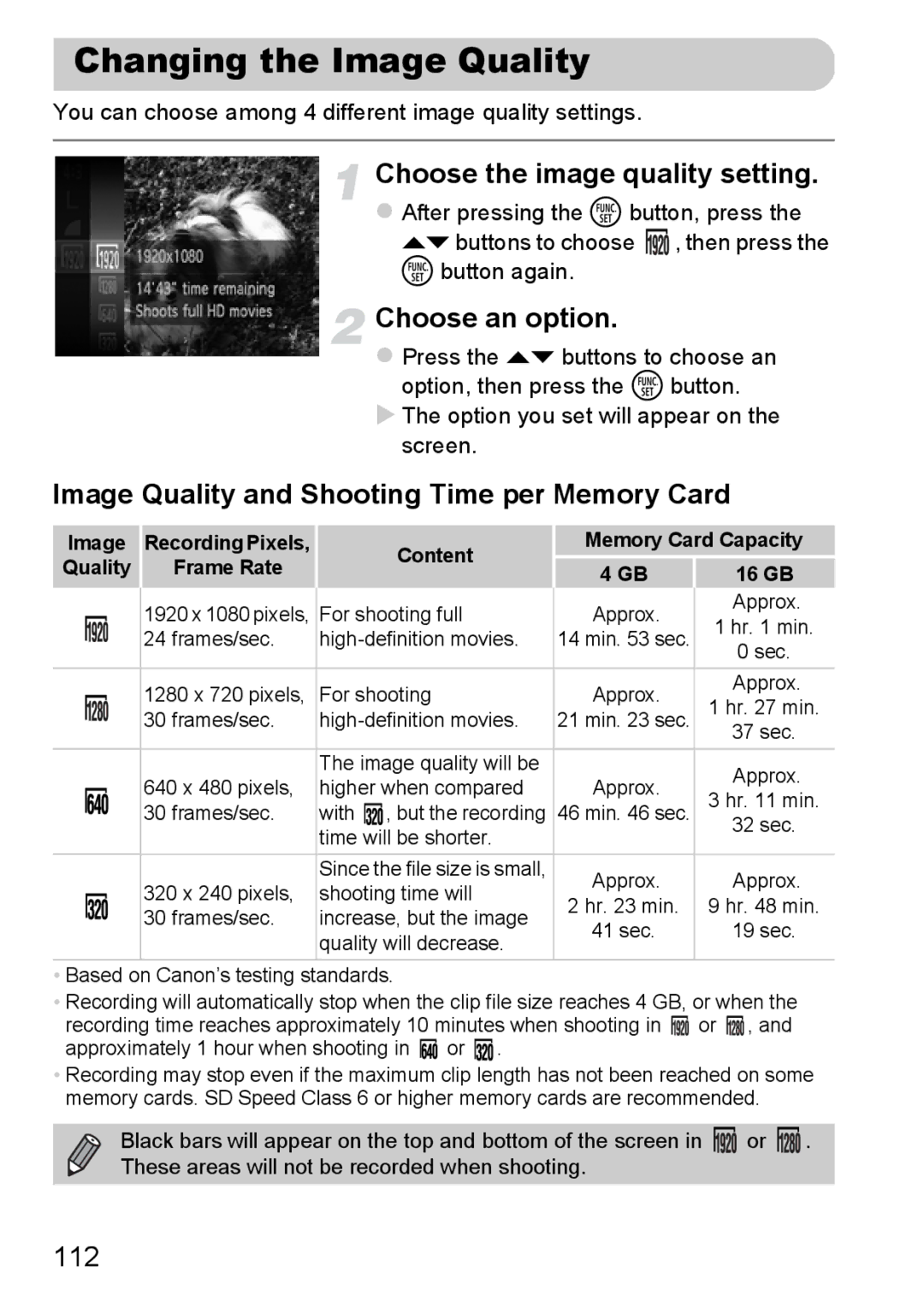 Canon 117 HS Changing the Image Quality, Choose the image quality setting, Image Quality and Shooting Time per Memory Card 