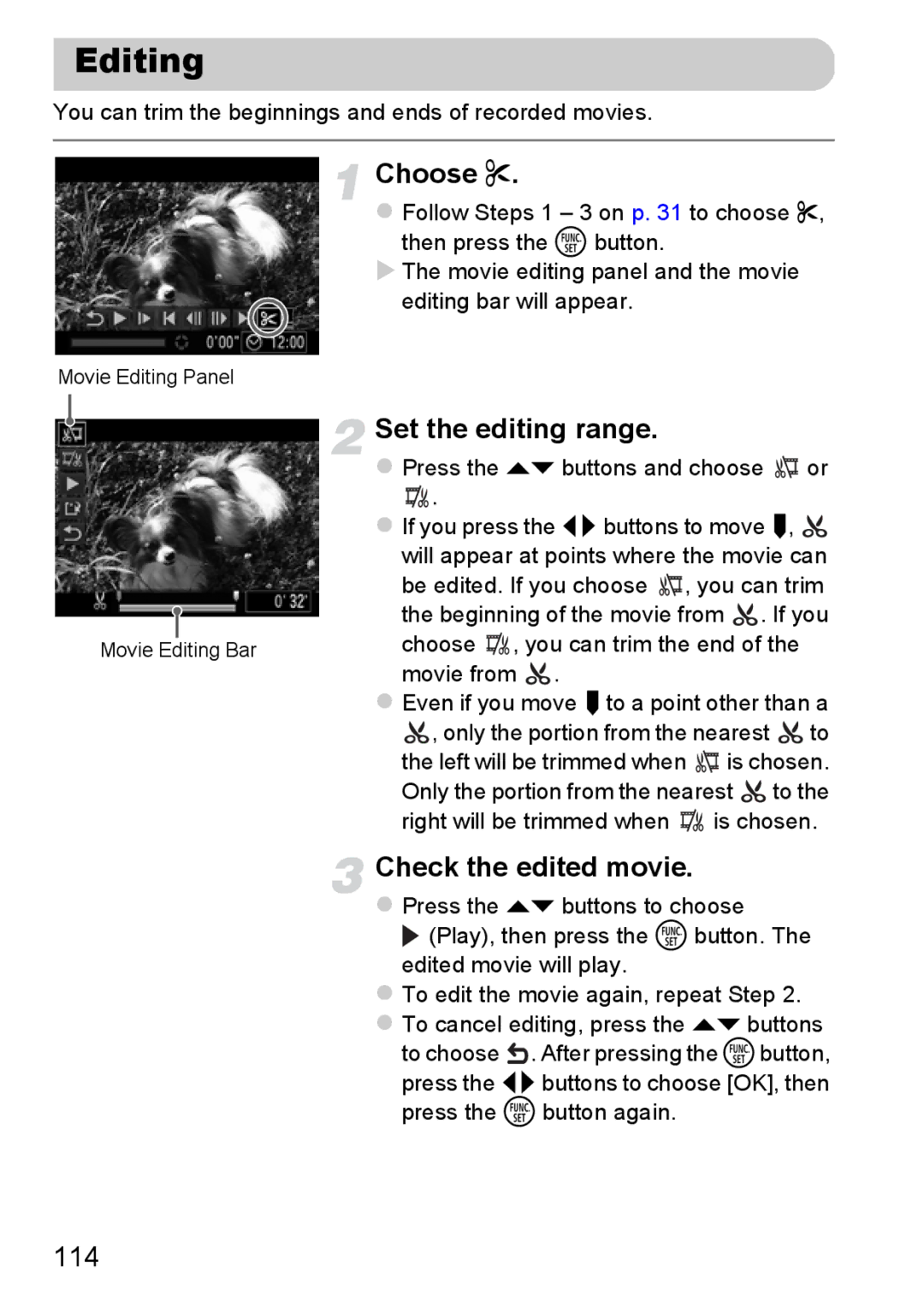 Canon 117 HS, 115 HS manual Editing, Set the editing range, Check the edited movie, 114 