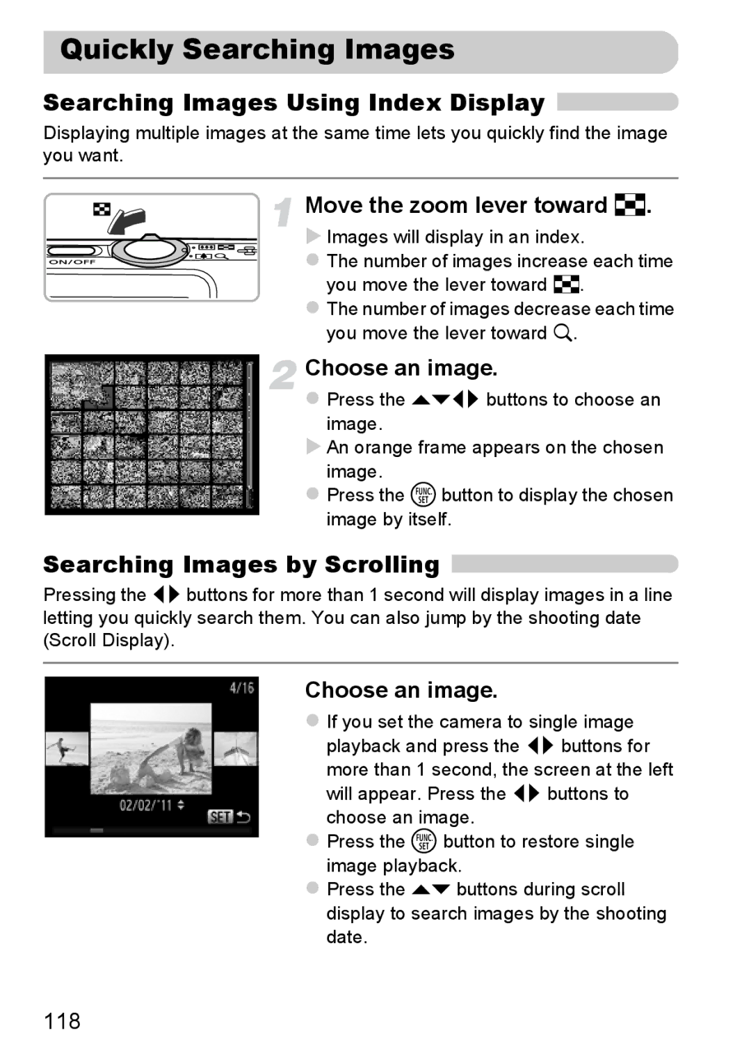 Canon 117 HS, 115 HS Quickly Searching Images, Searching Images Using Index Display, Searching Images by Scrolling, 118 