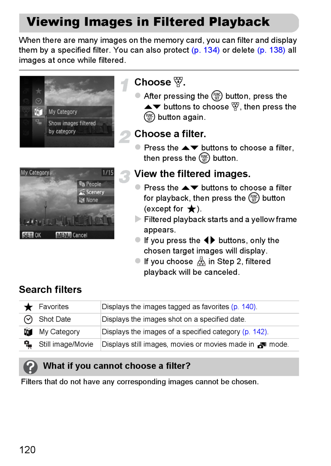 Canon 117 HS Viewing Images in Filtered Playback, Choose ‚, Choose a filter, View the filtered images, Search filters 