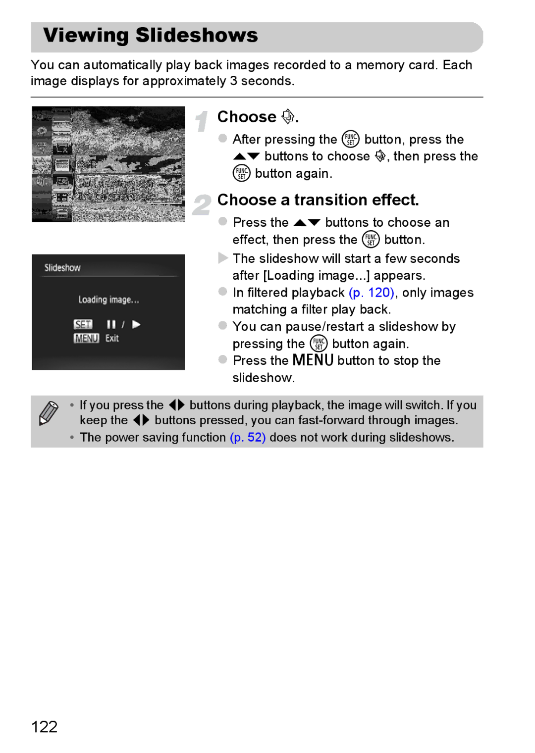 Canon 117 HS, 115 HS manual Viewing Slideshows, Choose a transition effect, 122 