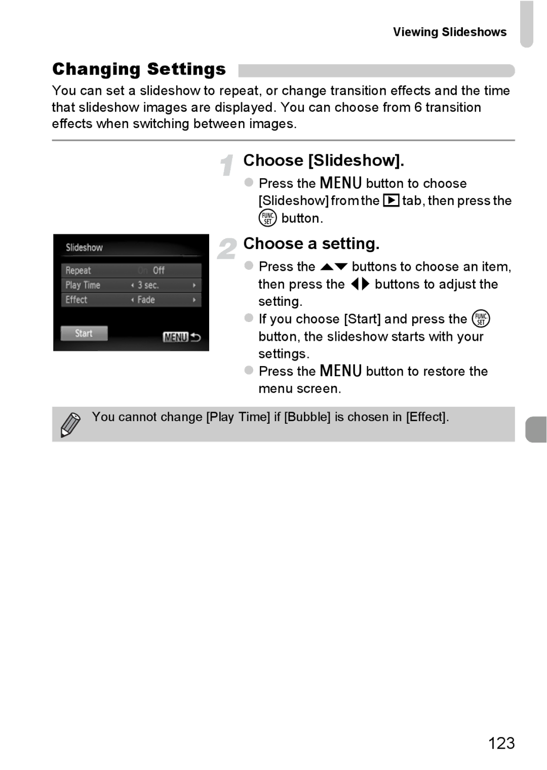 Canon 115 HS, 117 HS manual Changing Settings, Choose Slideshow, Choose a setting, 123, Viewing Slideshows 